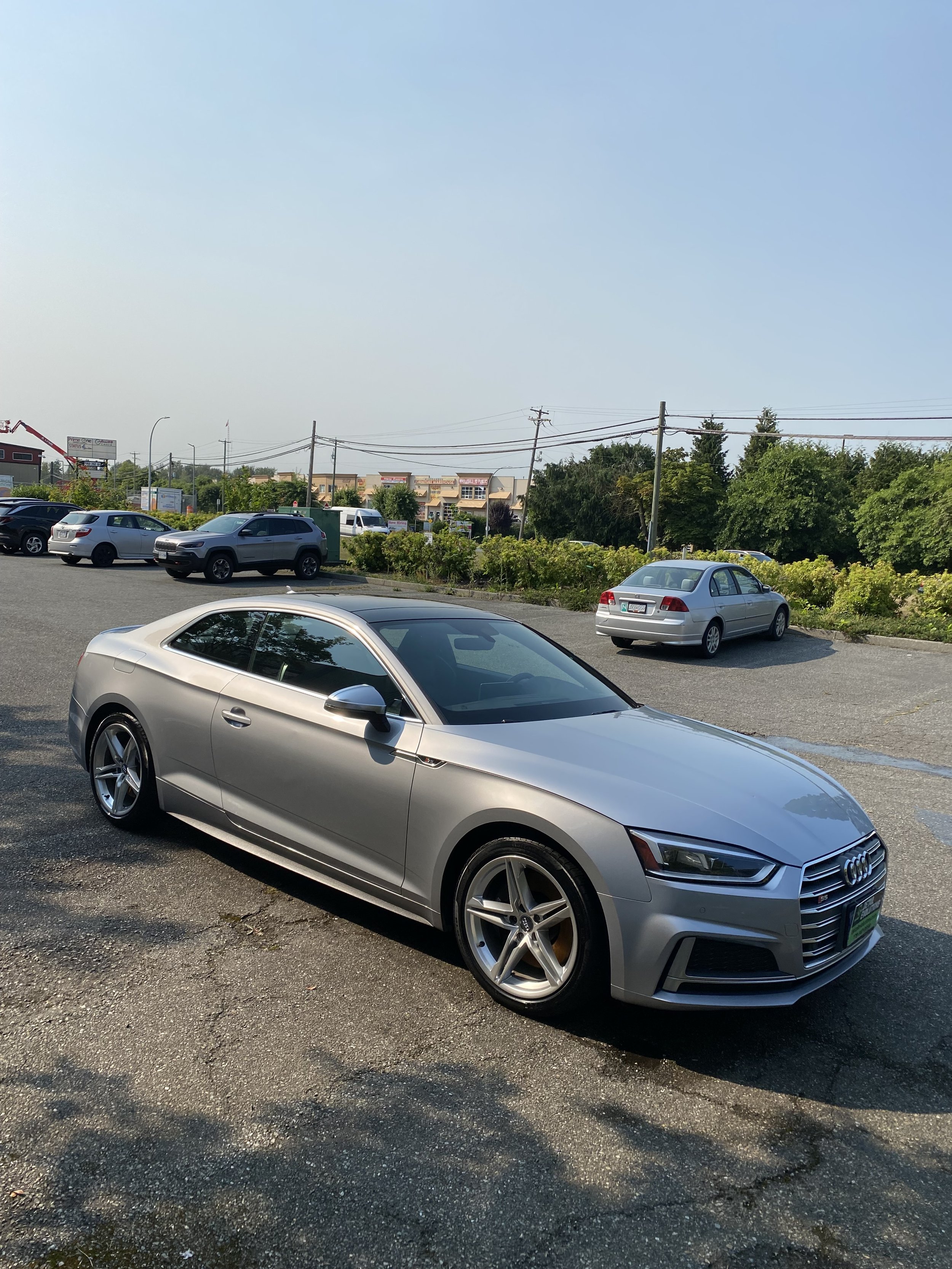A silver Audi coupe parked in a lot with other cars and greenery in the background.